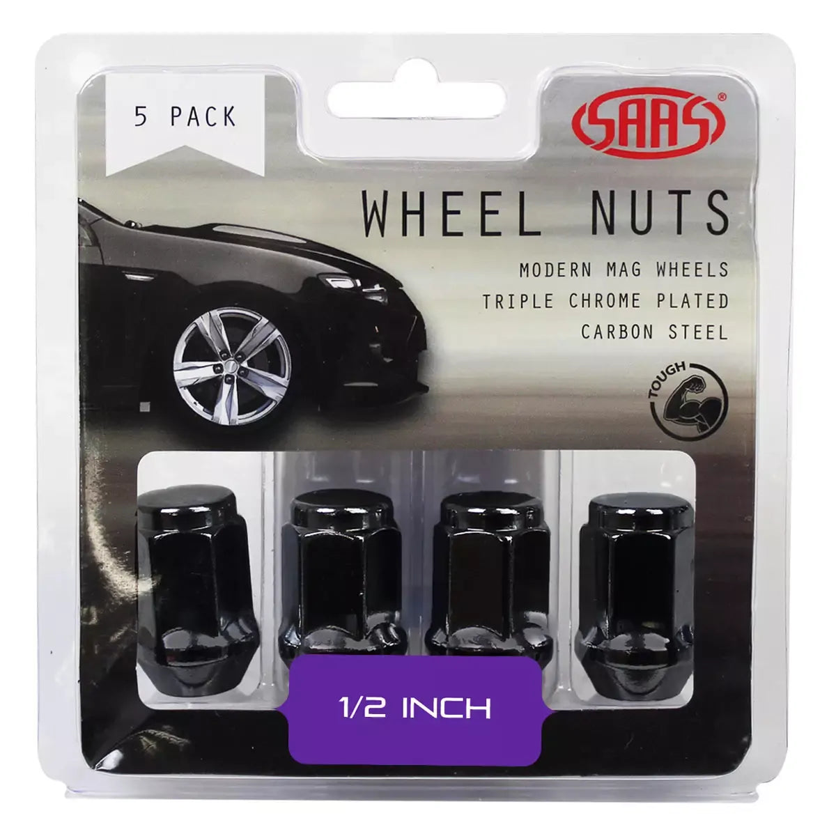 SAAS Wheel Nuts Flat Head Bulge 1/2 UNF Black 35mm 5Pk 435915BC - view 1