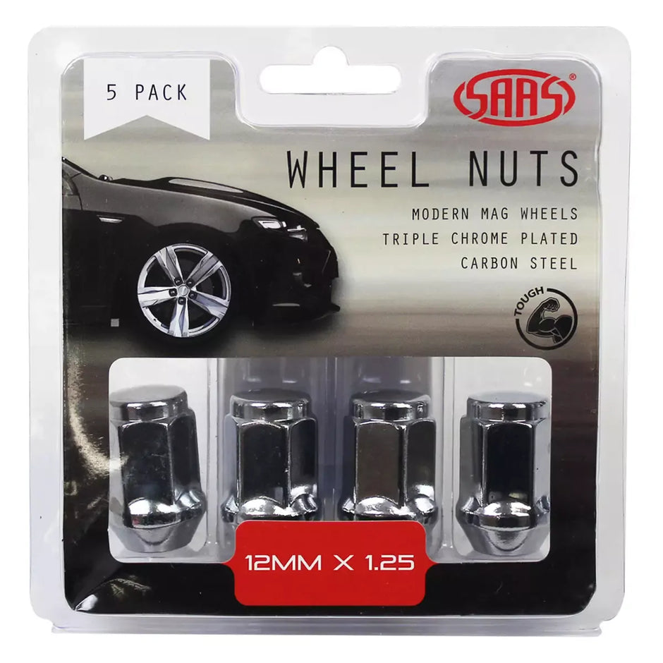 SAAS Wheel Nuts Flat Head Bulge M12x1.25 Chrome 35mm 5Pk 435955 - view 1