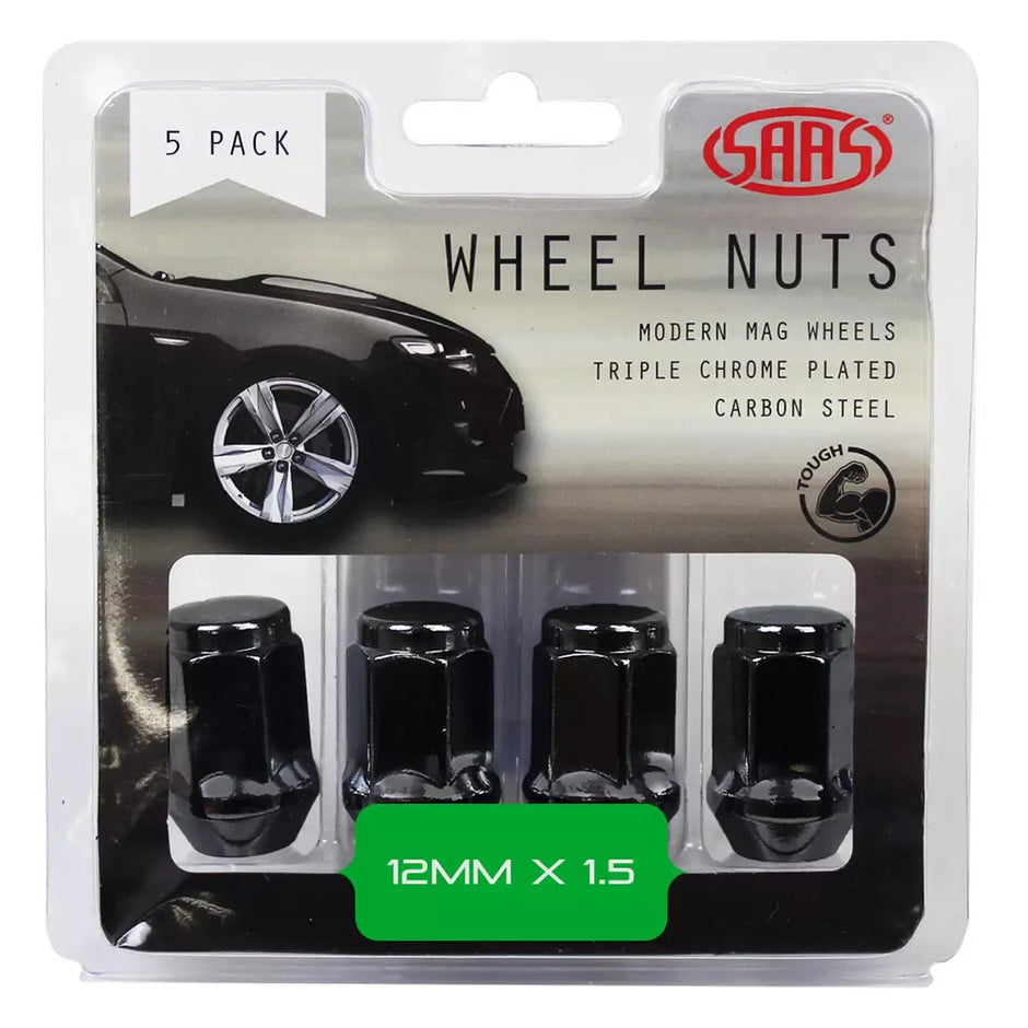 SAAS Wheel Nuts Flat Head Bulge M12x1.50 Black 35mm 5Pk 435965BC - view 1