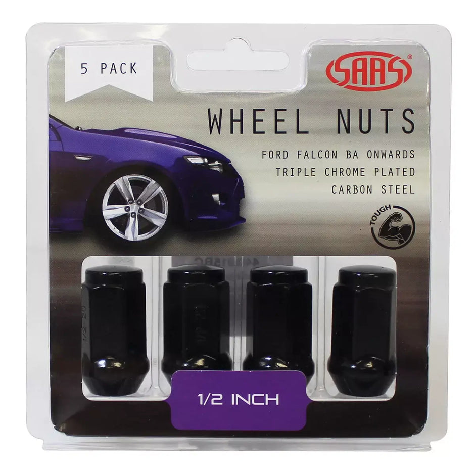 SAAS Wheel Nuts Flat Head Bulge 1/2 UNF Black 40mm 5Pk 440915BC - view 1