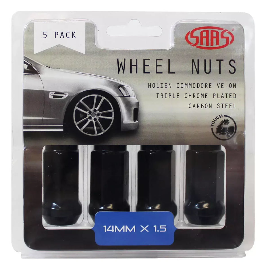 SAAS Wheel Nuts Flat Head Bulge 14x 1.5 Black 45mm 5Pk 445995BC - view 1