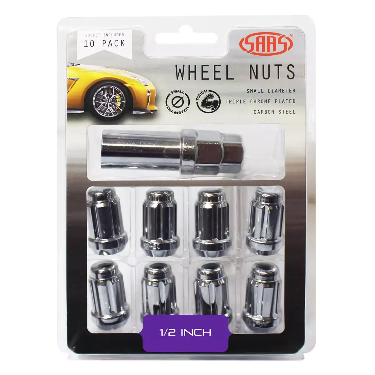 SAAS Wheel Nuts S/D 6 Spline 1/2 UNF Chrome 10Pk Incl Key 6330110 - view 1