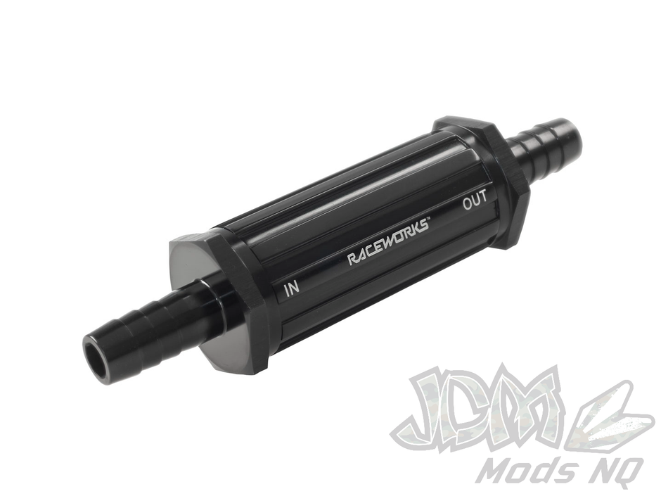 Raceworks Inline Fuel Filters W/Barbs & 30 Micron Bronze Sintered Filter