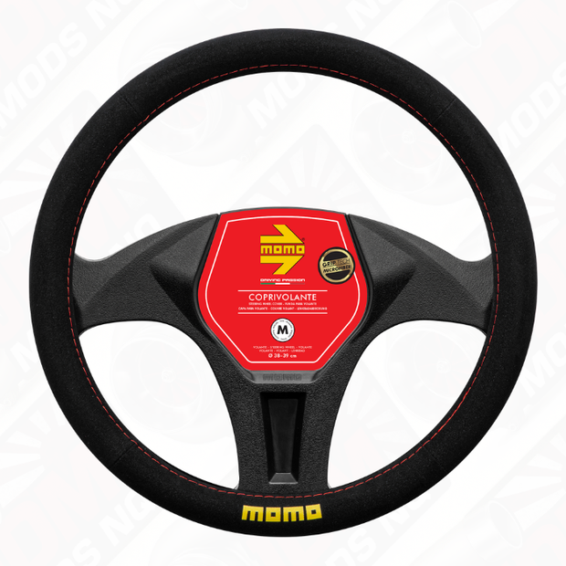 MOMO EASY Microfibre Steering Wheel Cover Black w/ Red Stitching (M)