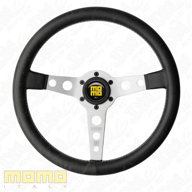 MOMO Heritage Prototipo Silver Spokes Black Leather 350mm Steering Wheel