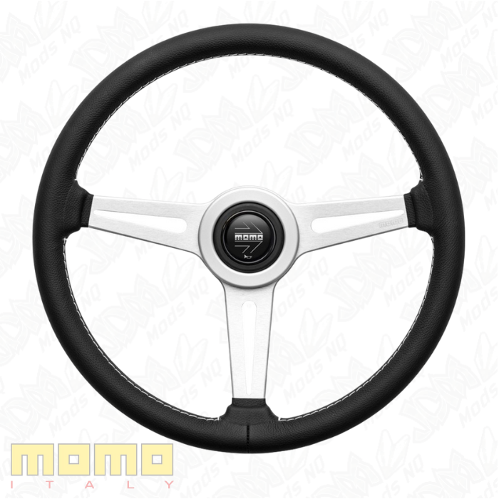MOMO Retro Silver Spokes Black Leather 360mm Steering Wheel