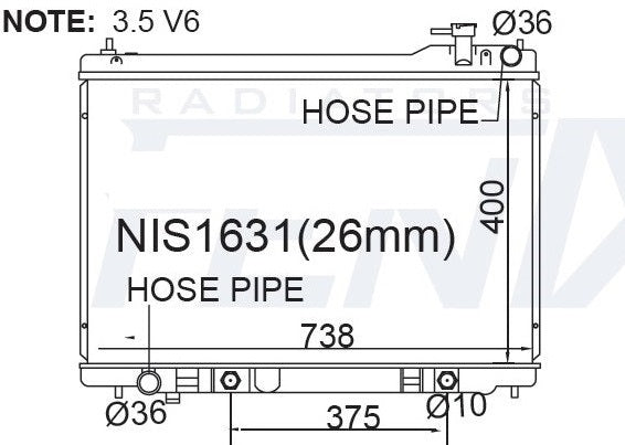 Nissan Skyline V35 2 Door Coupe Radiator. (FEB/2001 - OCT/2007) — NIS1631-PA26A — manufacturer detail 2