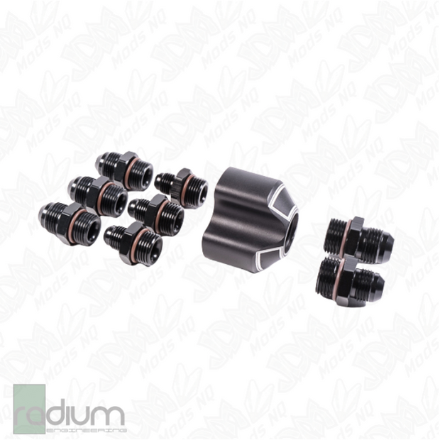 Radium Distribution Block 3 x 8AN ORB to 1 x 10AN ORB w/Fittings