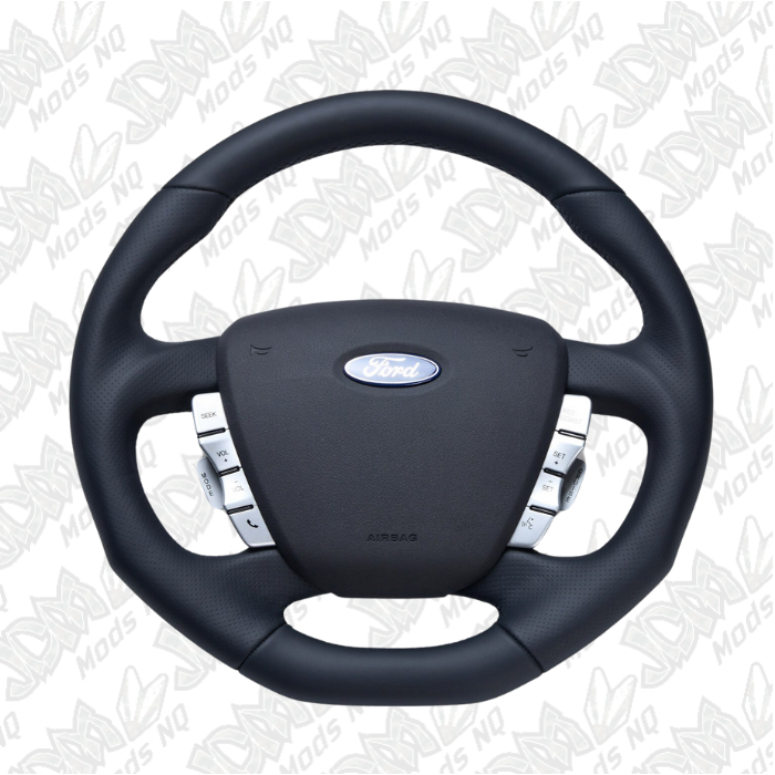 Retro Ford/FPV FG Falcon Steering Wheel Black Leather Black Stitching Flat Bottom FG-FB-BLK-ST