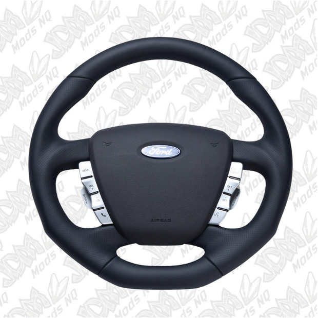 Retro Ford/FPV FG Falcon Steering Wheel Black Leather Black Stitching Flat Bottom FG-FB-BLK-ST