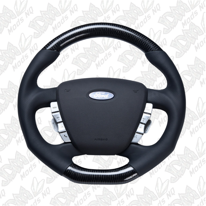 Retro Ford/FPV FG Falcon Steering Wheel Black Leather Black Stitching Carbon Fibre Flat Bottom FG-FB-BLK-ST-CF