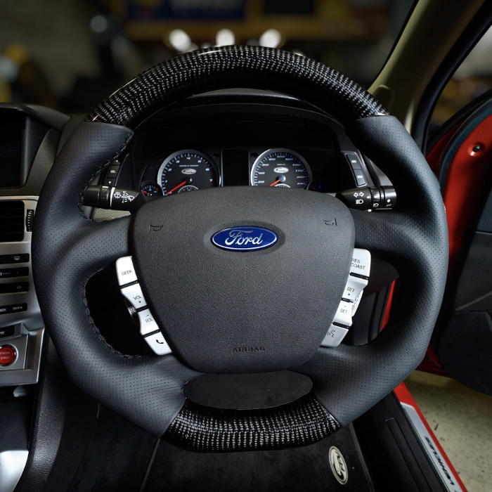 Retro Ford/FPV FG Falcon Steering Wheel Black Leather Black Stitching Carbon Fibre Flat Bottom FG-FB-BLK-ST-CF