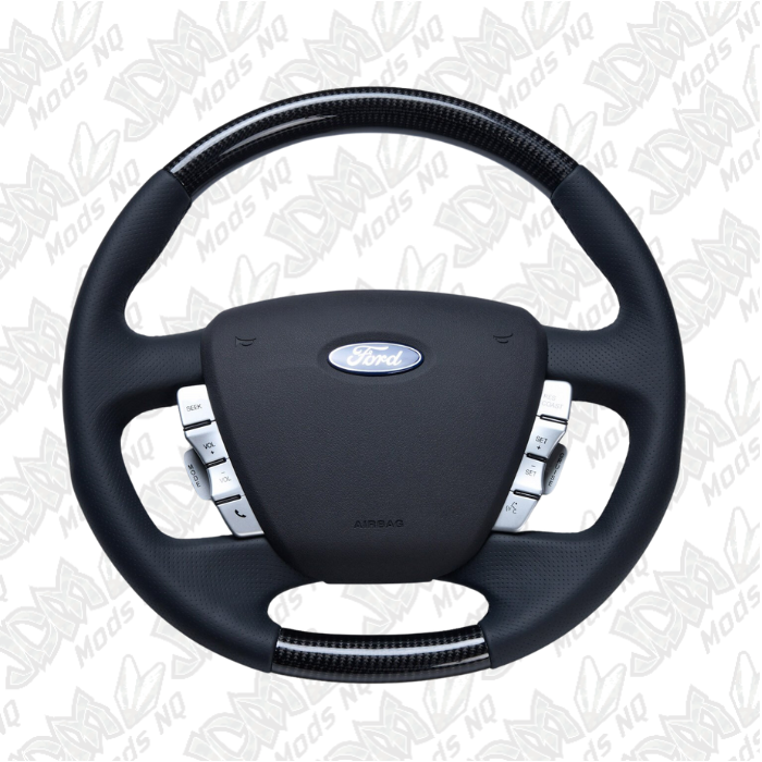 Retro Ford FPV FG Falcon Steering Wheel Black Leather Black Stitching Carbon Fibre OEM Style FG-OEM-BLK-ST-CF