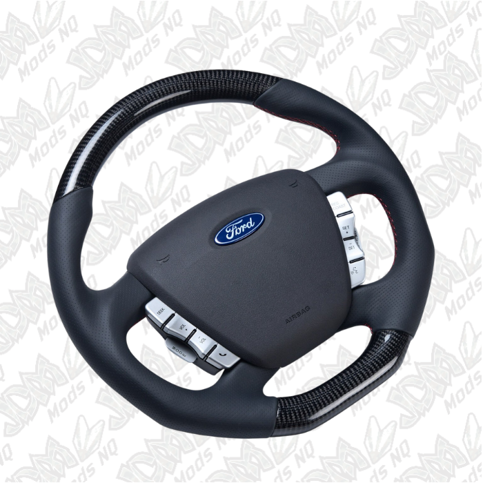 Retro Ford/FPV FG Falcon Steering Wheel Black Leather Red Stitching Carbon Fibre Flat Bottom FG-FB-RED-ST-CF