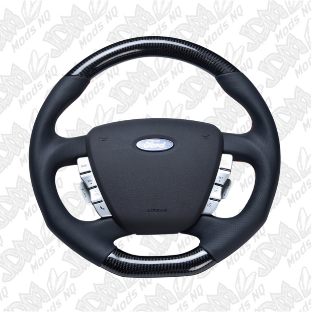 Retro Ford/FPV FG Falcon Steering Wheel Black Leather Red Stitching Carbon Fibre Flat Bottom FG-FB-RED-ST-CF