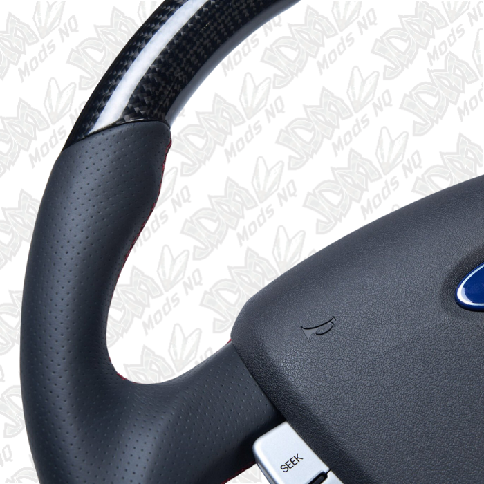 Retro Ford/FPV FG Falcon Steering Wheel Black Leather Red Stitching Carbon Fibre Flat Bottom FG-FB-RED-ST-CF