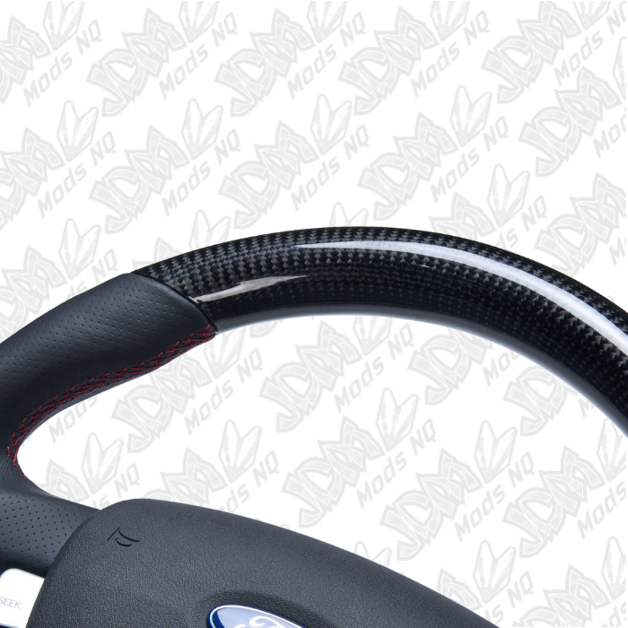 Retro Ford/FPV FG Falcon Steering Wheel Black Leather Red Stitching Carbon Fibre Flat Bottom FG-FB-RED-ST-CF