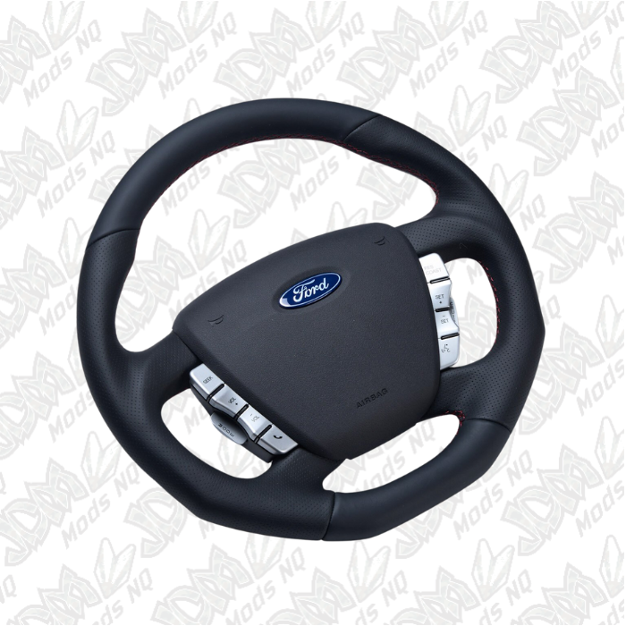 Retro Ford/FPV FG Falcon Steering Wheel Black Leather Red Stitching Flat Bottom FG-FB-RED-ST