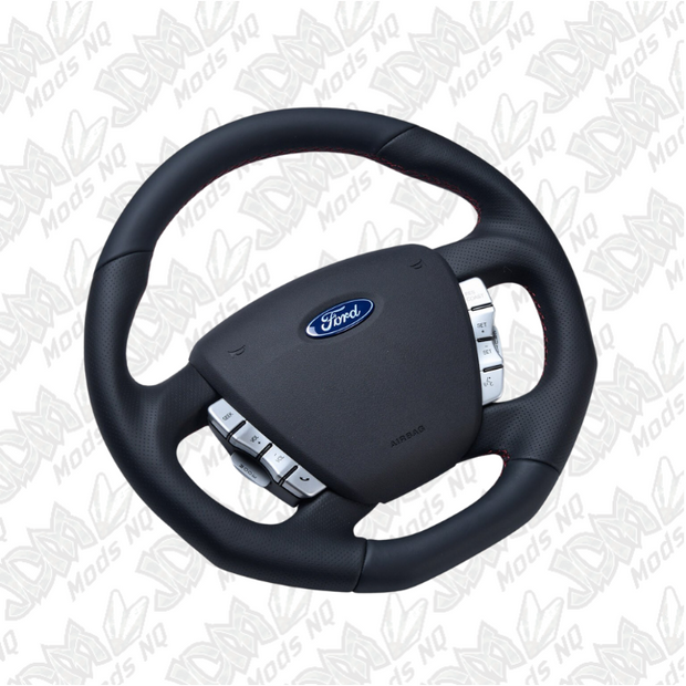 Retro Ford/FPV FG Falcon Steering Wheel Black Leather Red Stitching Flat Bottom FG-FB-RED-ST