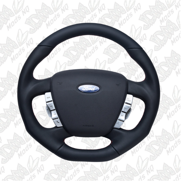Retro Ford/FPV FG Falcon Steering Wheel Black Leather Red Stitching Flat Bottom FG-FB-RED-ST