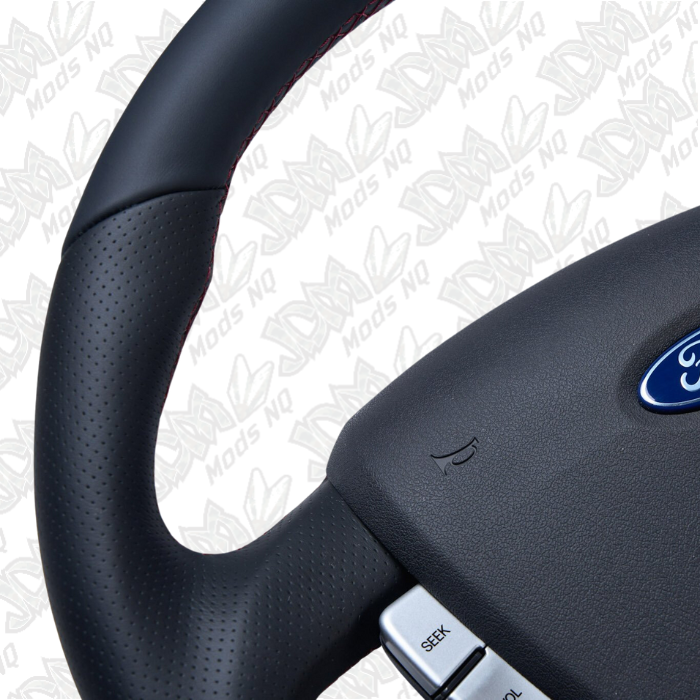 Retro Ford/FPV FG Falcon Steering Wheel Black Leather Red Stitching Flat Bottom FG-FB-RED-ST