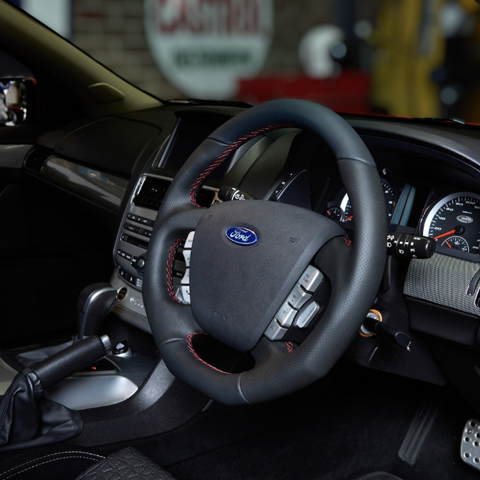 Retro Ford/FPV FG Falcon Steering Wheel Black Leather Red Stitching Flat Bottom FG-FB-RED-ST