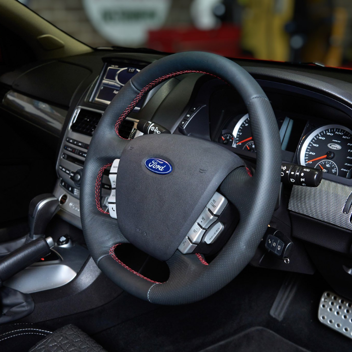 Retro Ford FPV FG Falcon Steering Wheel Black Leather Red Stitching OEM Style FG-OEM-RED-ST