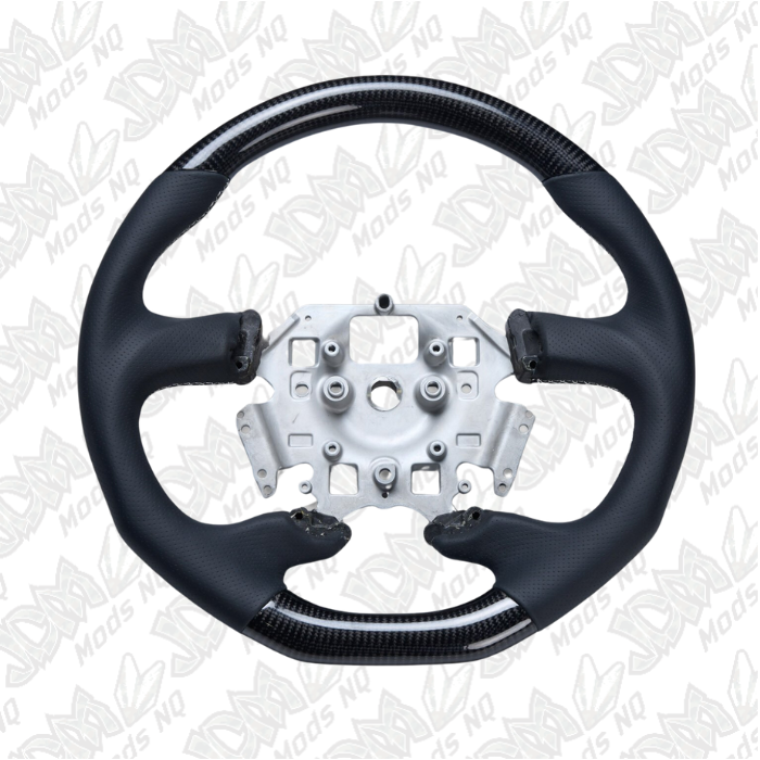 Retro Ford/FPV FG Falcon Steering Wheel Black Leather White Stitching Carbon Fibre Flat Bottom FG-FB-WHT-ST-CF