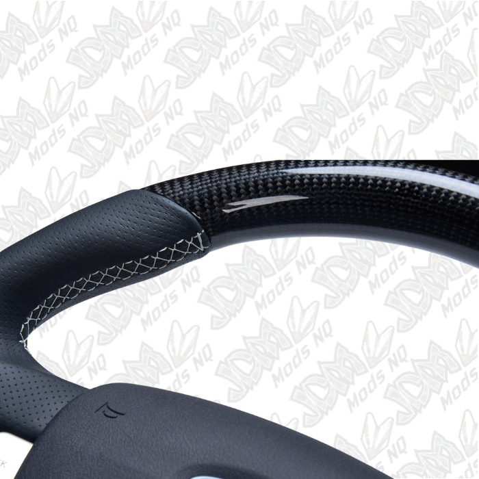 Retro Ford/FPV FG Falcon Steering Wheel Black Leather White Stitching Carbon Fibre Flat Bottom FG-FB-WHT-ST-CF