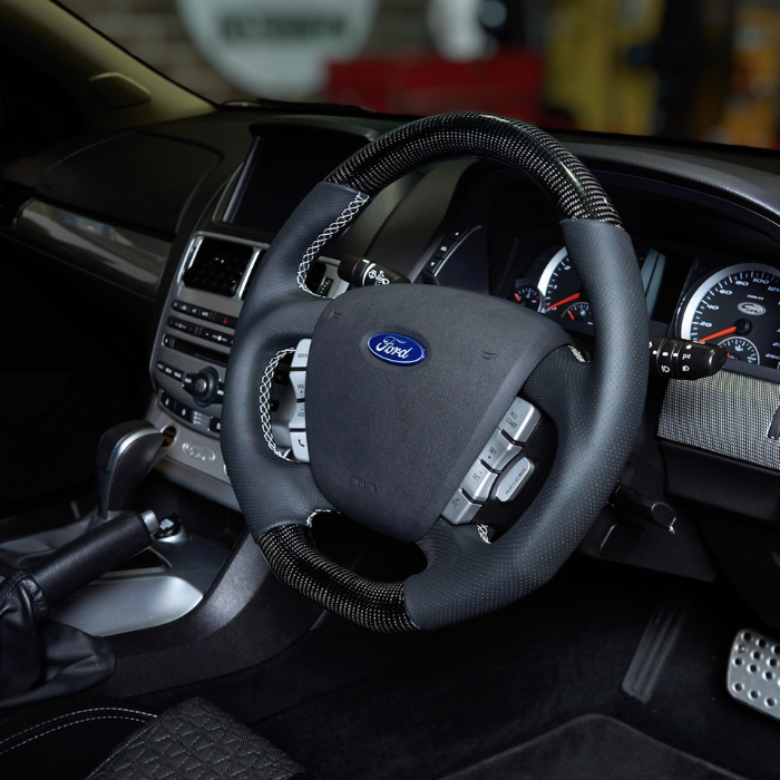 Retro Ford/FPV FG Falcon Steering Wheel Black Leather White Stitching Carbon Fibre Flat Bottom FG-FB-WHT-ST-CF