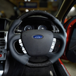 Retro Ford/FPV FG Falcon Steering Wheel Black Leather White Stitching Carbon Fibre Flat Bottom FG-FB-WHT-ST-CF