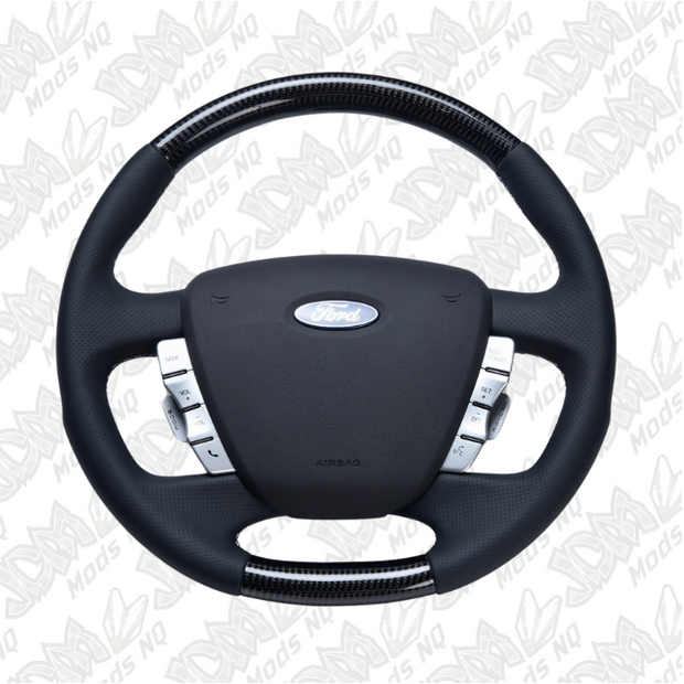 Retro Ford FPV FG Falcon Steering Wheel Black Leather White Stitching Carbon Fibre OEM Style FG-OEM-WHT-ST-CF