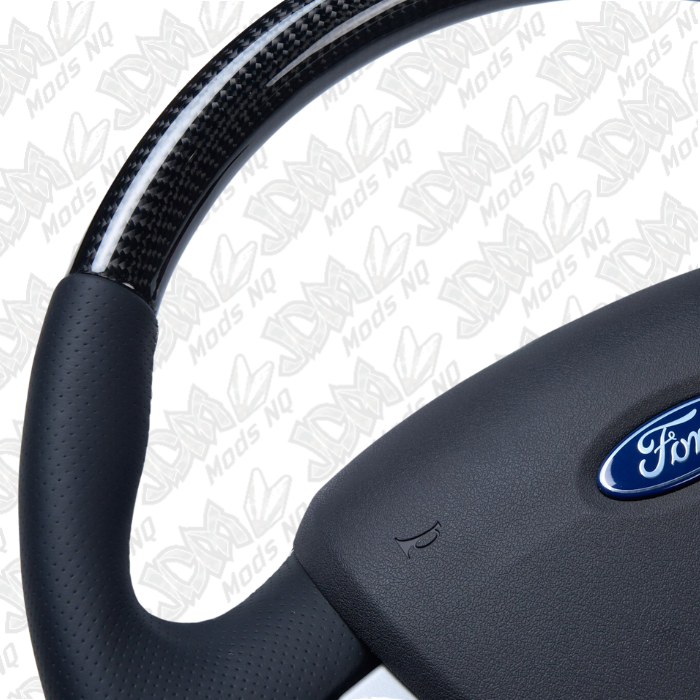 Retro Ford FPV FG Falcon Steering Wheel Black Leather White Stitching Carbon Fibre OEM Style FG-OEM-WHT-ST-CF