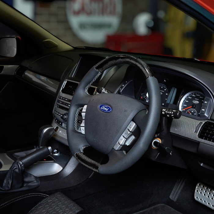 Retro Ford FPV FG Falcon Steering Wheel Black Leather White Stitching Carbon Fibre OEM Style FG-OEM-WHT-ST-CF