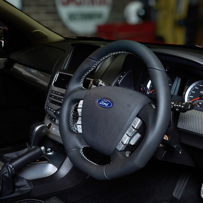 Retro Ford/FPV FG Falcon Steering Wheel Black Leather White Stitching Flat Bottom FG-FB-WHT-ST