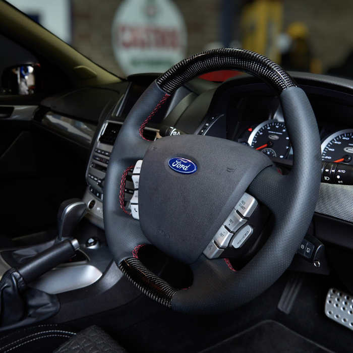 Retro Ford FPV FG Falcon Steering Wheel Black Leather Red Stitching Carbon Fibre OEM Style FG-OEM-RED-ST-CF