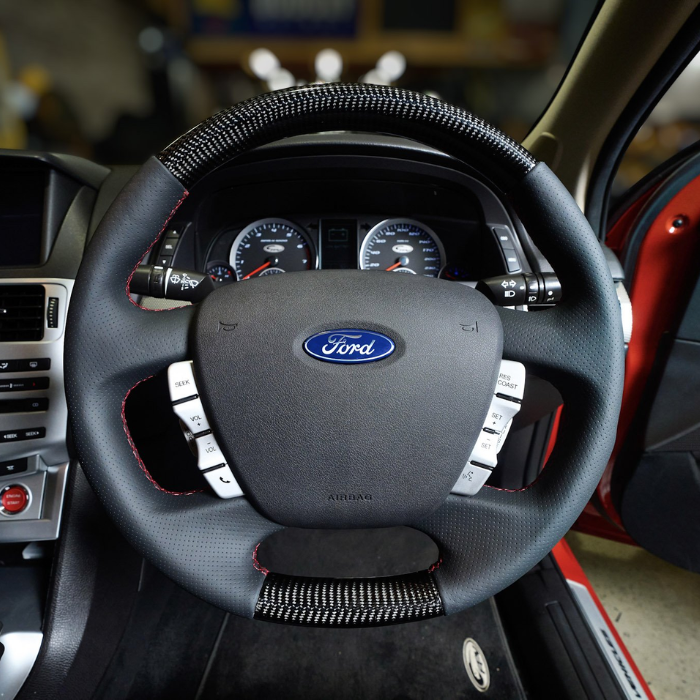 Retro Ford FPV FG Falcon Steering Wheel Black Leather Red Stitching Carbon Fibre OEM Style FG-OEM-RED-ST-CF