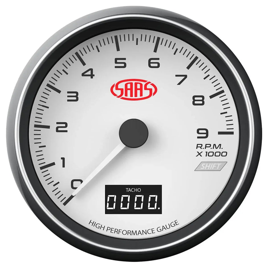 SAAS Tachometer 0-9K Shiftlite 80mm (3 1/8") In Dash Muscle Series I White 12V SG31641 - view 1