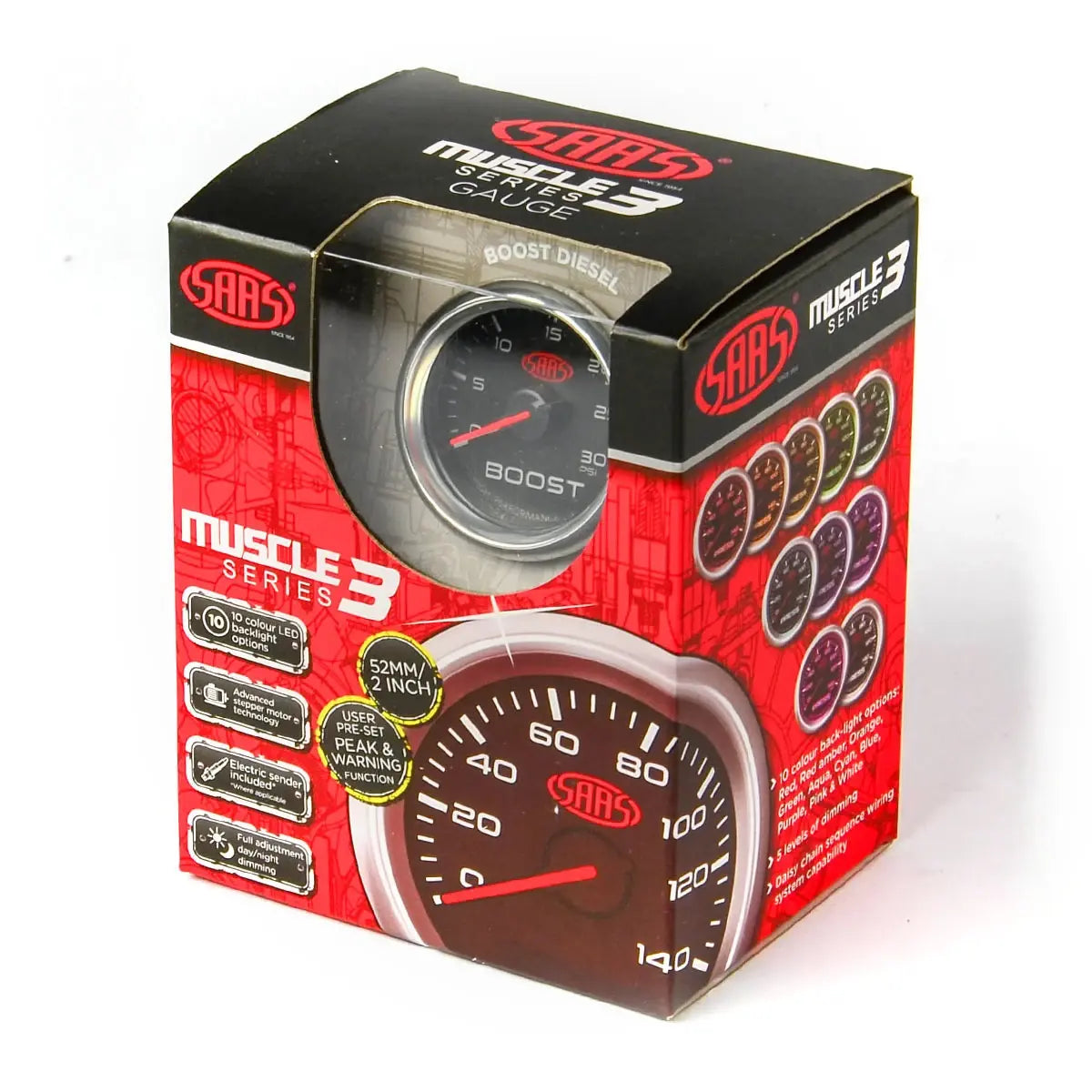 SAAS Boost Gauge Diesel 0-30 psi 52mm Muscle Series 3 Black 12V SG32213 - view 6
