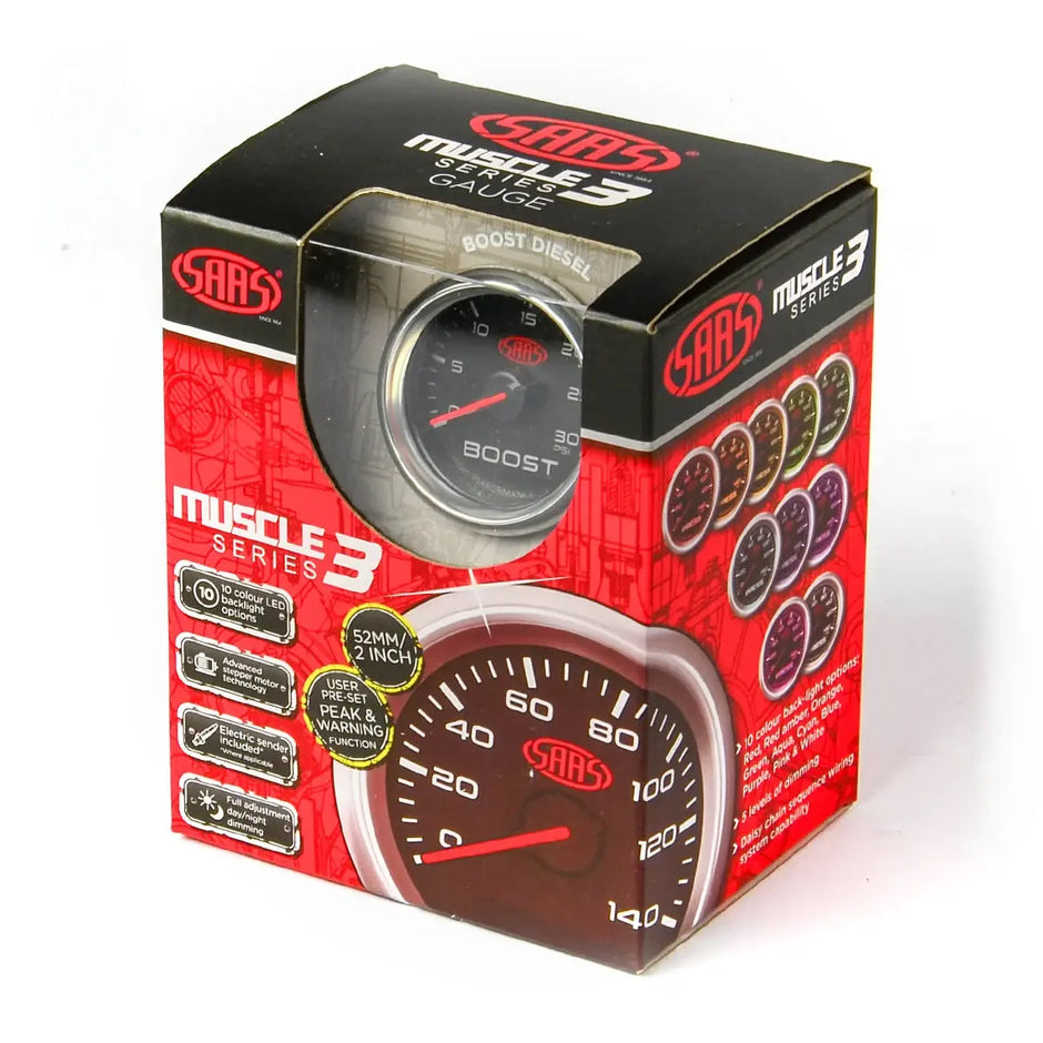 SAAS Boost Gauge Diesel 0-30 psi 52mm Muscle Series 3 Black 12V SG32213 - view 6