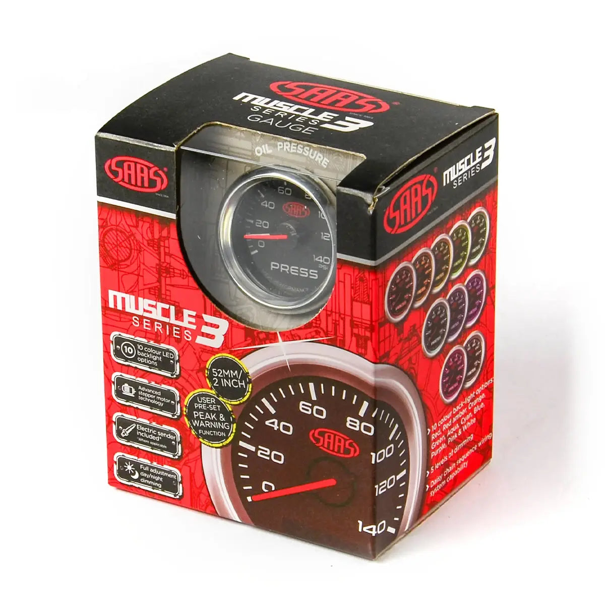 SAAS Oil Press Gauge 0-140psi 52mm Muscle Series 3 Black 12V SG32230 - view 6