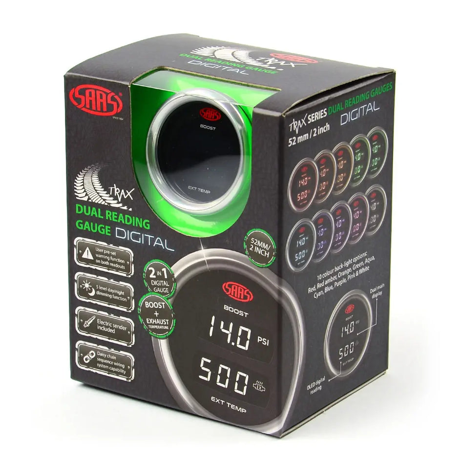 SAAS Dual Digital Gauge Boost 0-30 Psi / Exhaust Temp 0°-900° Trax 12V SG911240 - view 6