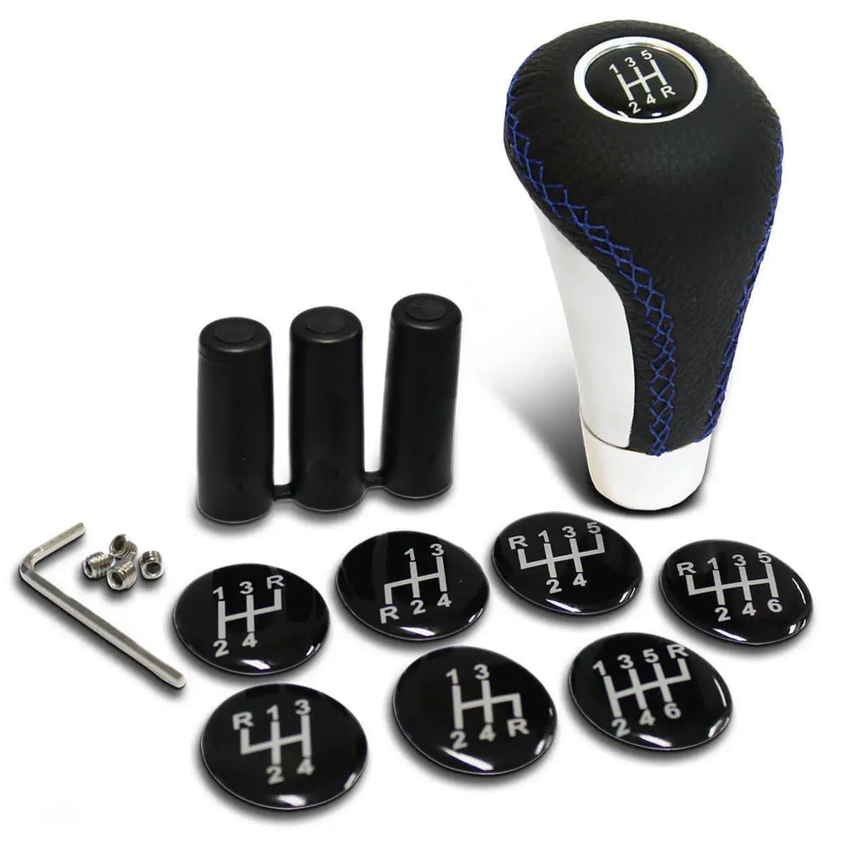 SAAS Leather Gear Knob Blue Stitched Aluminium Insert With 8 Shift Patterns SGKEL - view 2