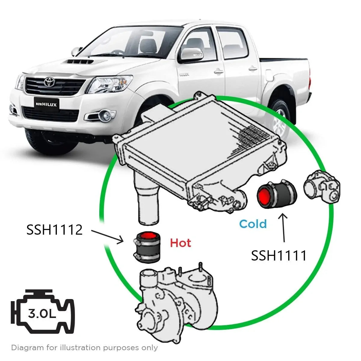 SAAS Toyota Hilux 3.0L 1KD-FTV 2005 - 2015 2 Piece Silicone Intercooler Hose and Clamp Kit SSH1111-KIT - view 1