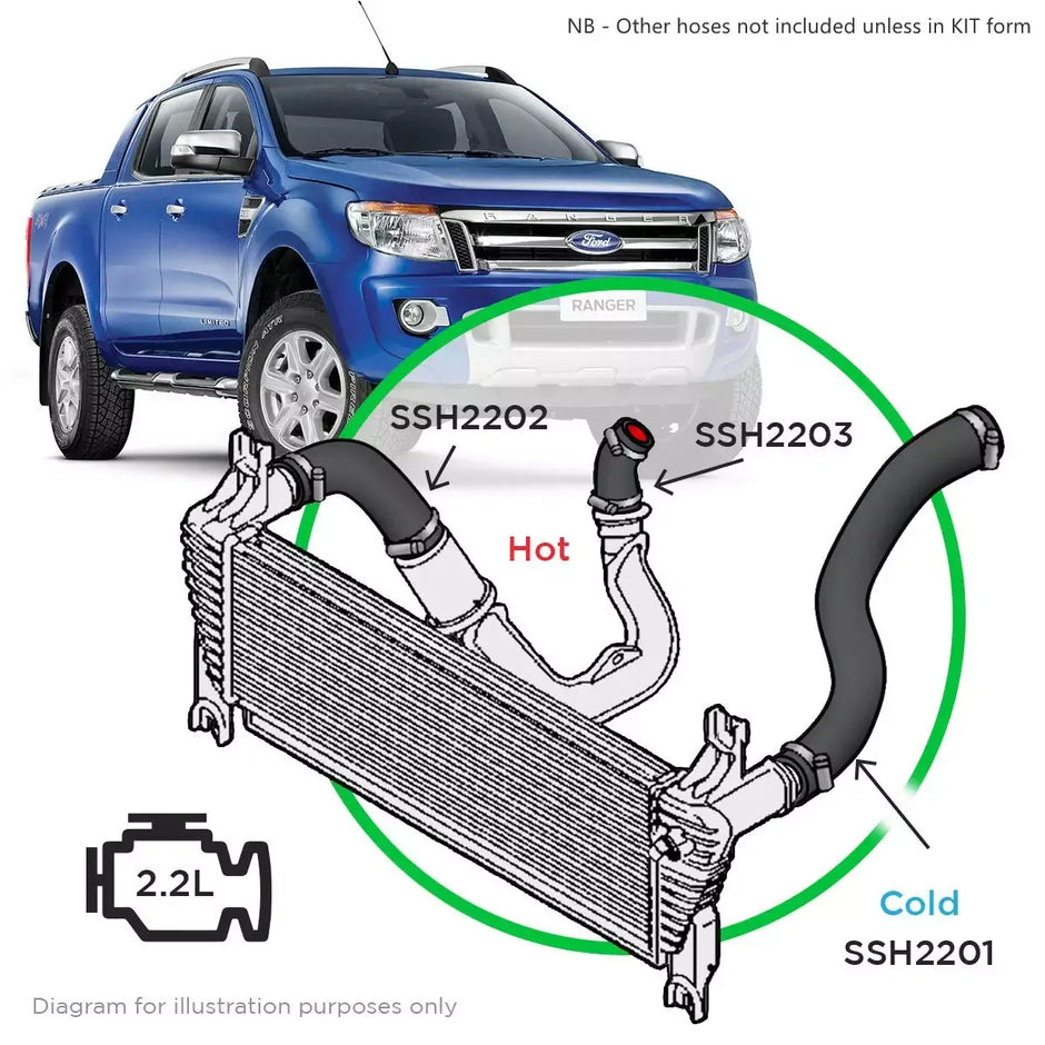 SAAS Ford Ranger 2.2L 118kW Silicone Intercooler Top Pipe Hot Side 2015 - 2022 SSH2202 - view 6