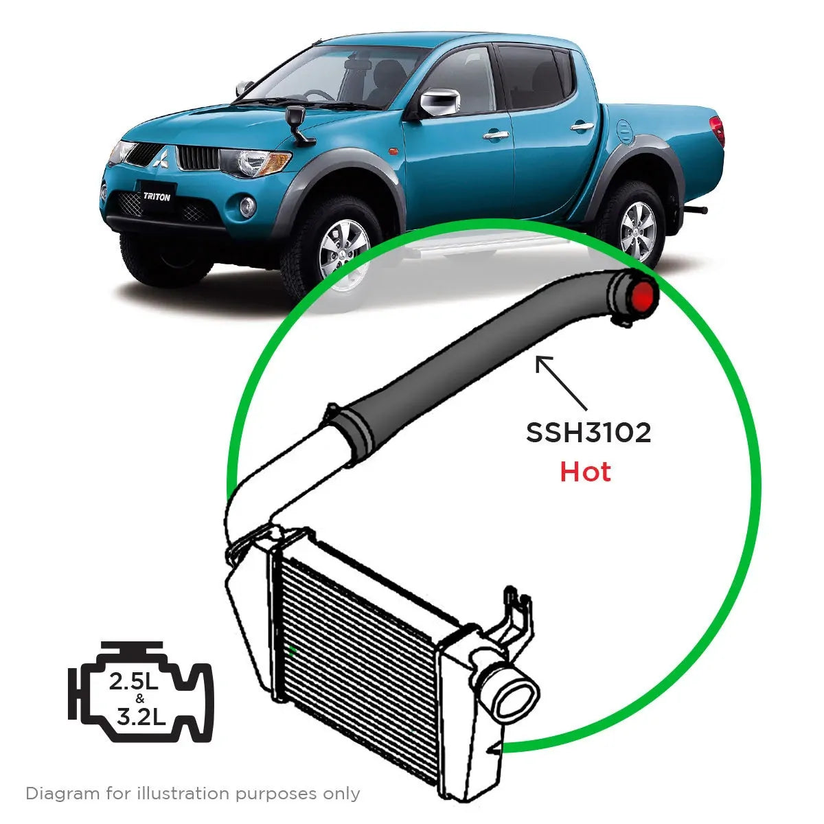 SAAS Mitsubishi Triton 2.5L 3.2L ML-MN Silicone Turbo to Intercooler Hot Pipe SSH3102 - view 1