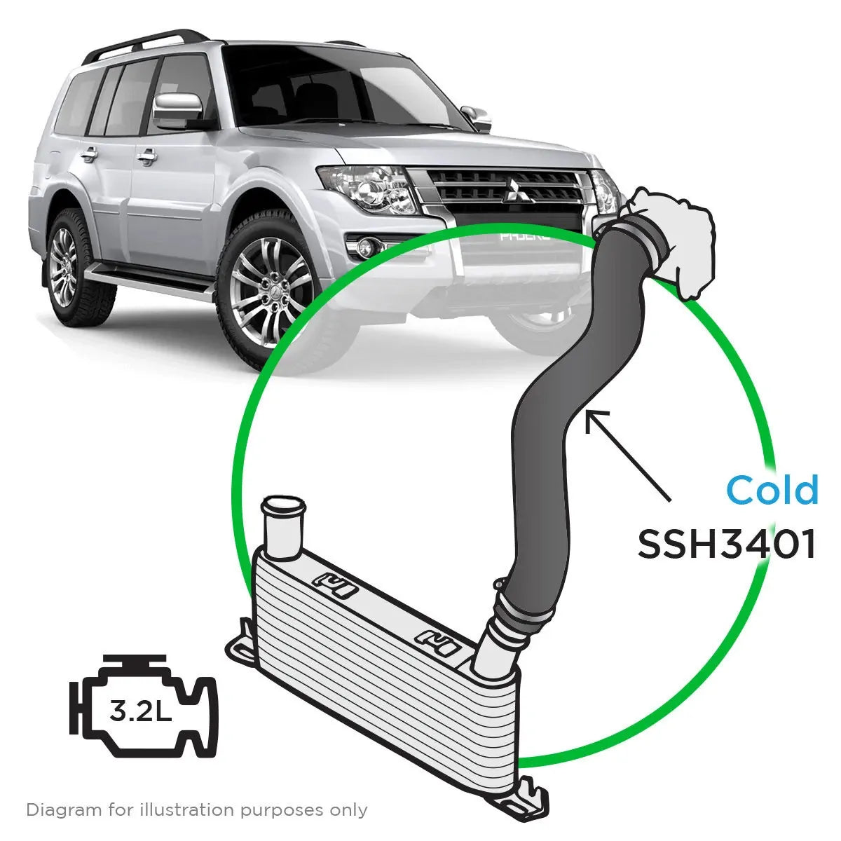 SAAS Mitsubishi Pajero 3.2 NS NT NX NW 2006 - 2020 Intercooler Cold Side Silicone SSH3401 - view 1