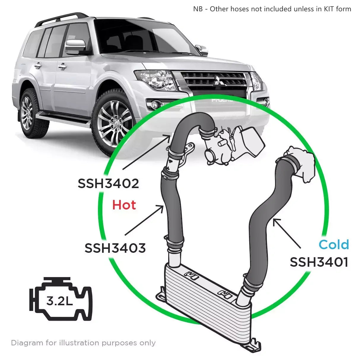 SAAS Mitsubishi Pajero 3.2 NS NT NX NW 2006 - 2020 Intercooler Hot Side Small Silicone SSH3403 - view 5