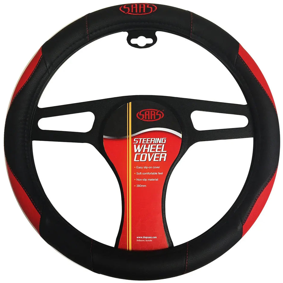 SAAS Steering Wheel Cover Black-Red Poly With Logo 380mm SWC003 - view 1