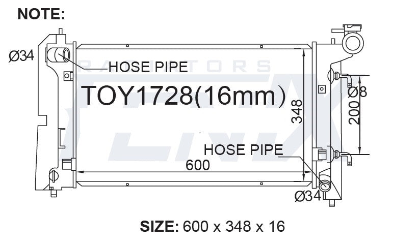 Toyota Corolla ZZE122R Radiator — TOY1728-PA16A — manufacturer main image